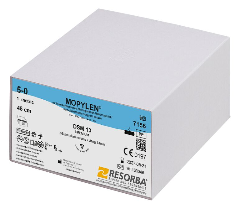 Resorba MOPYLEN® Nahtmaterial - blau, 5/0, DSM 13, 45 cm - 36 Stück