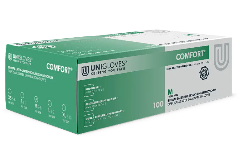 Unigloves puderfreie Latex-Untersuchungshandschuhe Comfort Gr. M  - 100 Stück