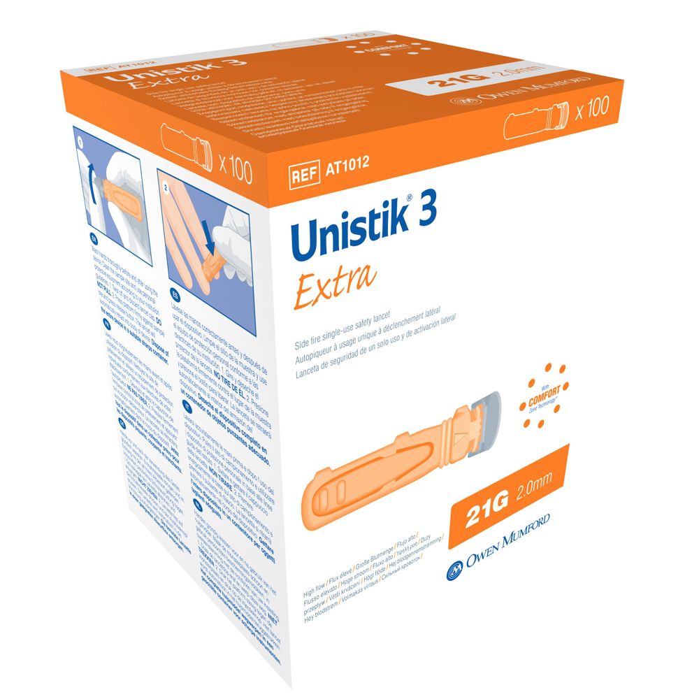 Unistik 3 Sicherheitslanzetten - Unistik 3 Extra, Einstichtiefe: 2,0 mm - 100 Stück