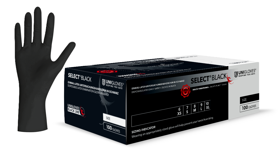 Unigloves - schwarze Latex-Untersuchungshandschuhe Select Black - Gr. L