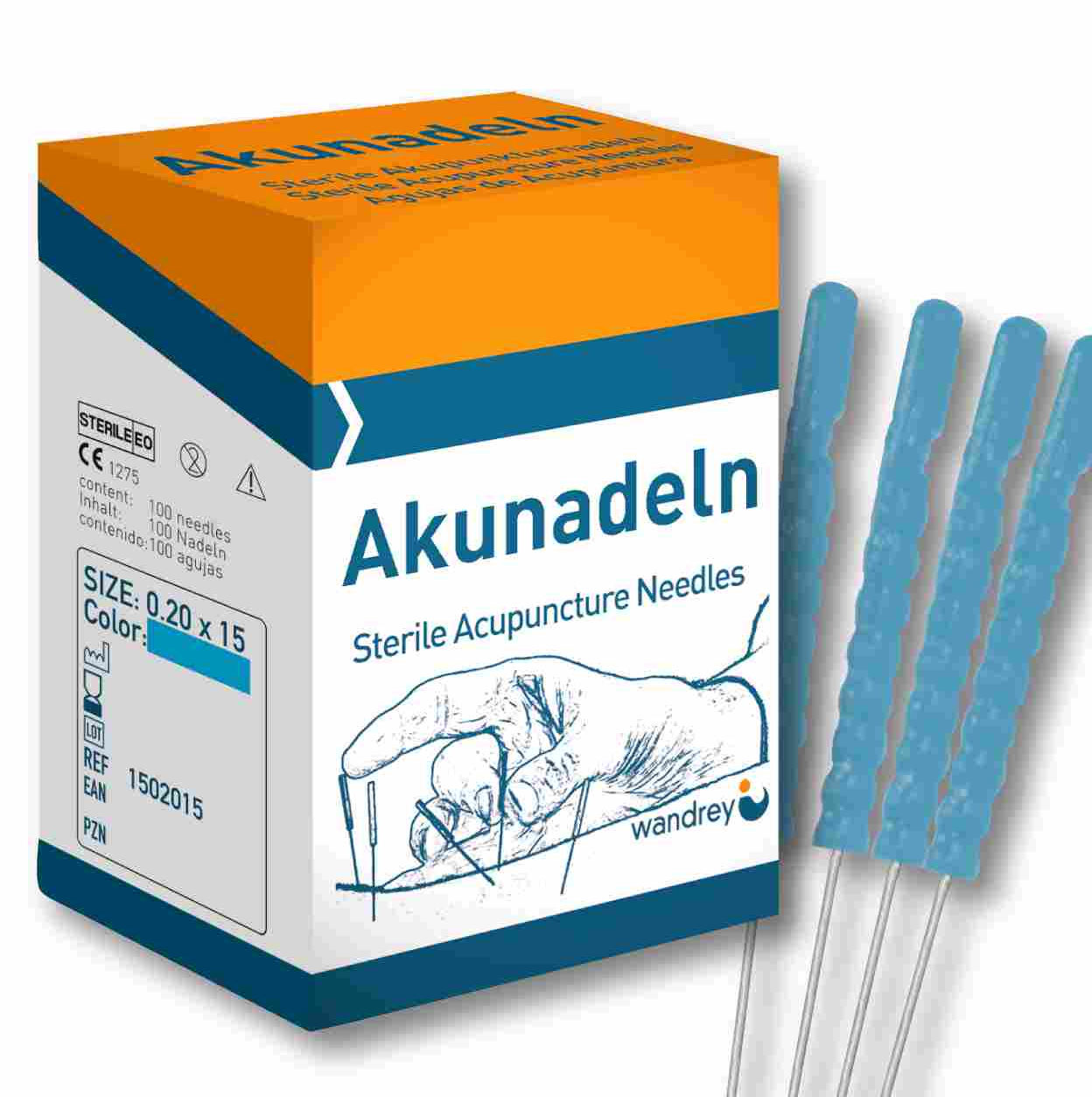 Wandrey Akupunkturnadel, blau, 0,20 x 15 mm, mit Kunststoffgriff - 100 Stück