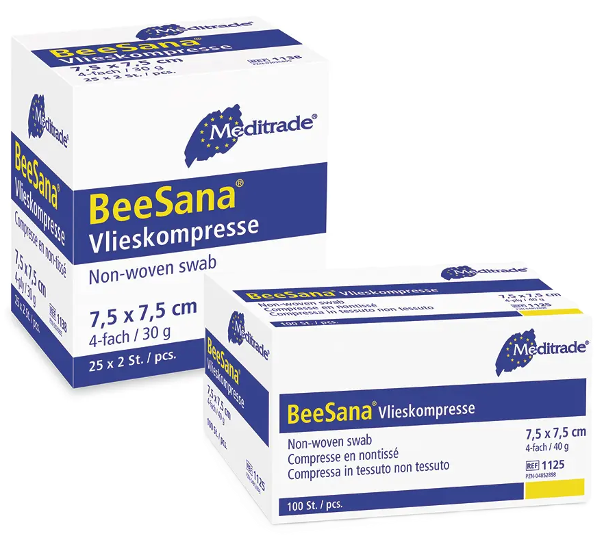 BEESANA Vliesstoffkompressen - 5 x 5 cm - unsteril - 4-fach, 40 g - 100 Stück